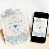 Boho Dusty Blue Floral Pampas Girl's Quinceañera Einladung