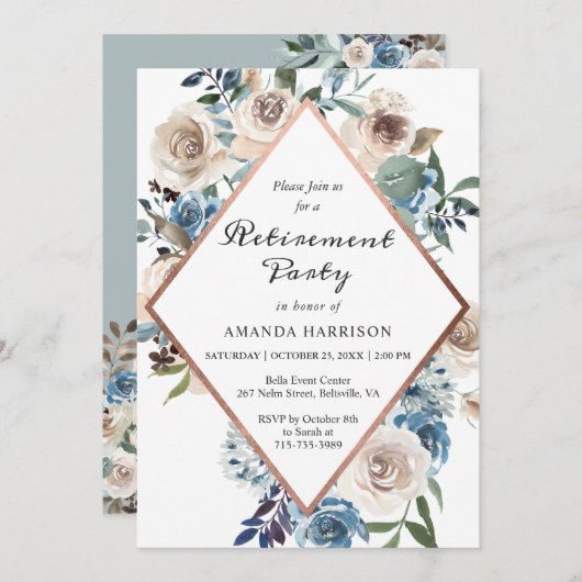 Boho Dusty Blue Floral Rose Gold Retirement Party Einladung (Vorne/Hinten)