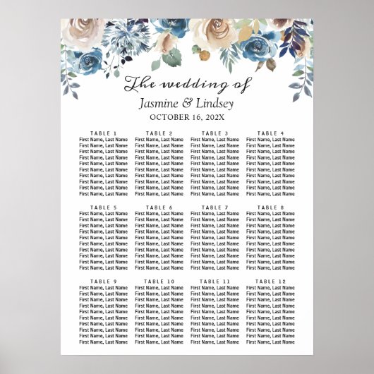Boho Dusty Blue Floral Wedding Chart Poster (Vorne)