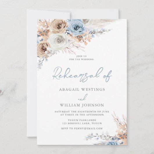 Boho Dusty Blue Floral Wedding Probe Dinner Einladung (Vorderseite)