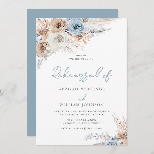 Boho Dusty Blue Floral Wedding Probe Dinner Einladung (Vorne/Hinten)