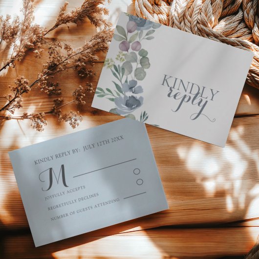 Boho Dusty Blue Floral Wedding RSVP  Karte