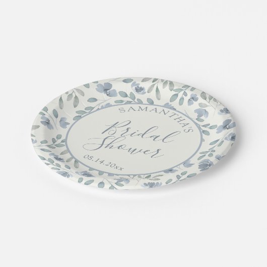 Boho Dusty Blue Florales Brautjungfern Abschiedsfe Pappteller (Schrägansicht)