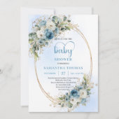 Boho Dusty Blue Flowers Gold Script Baby Shower  Einladung (Vorderseite)