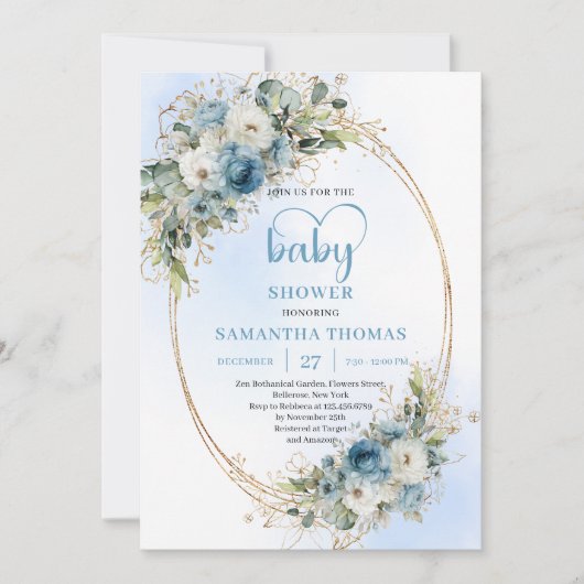 Boho Dusty Blue Flowers Gold Script Baby Shower Einladung (Vorderseite)