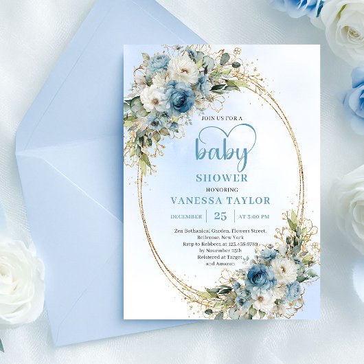 Boho Dusty Blue Flowers Gold Script Baby Shower  Einladung