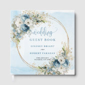 Boho Dusty Blue Flowers Greenery Gold Guest Book Gästebuch (Vorderseite)