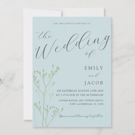 Boho Dusty Blue & Green Botanical Wedding Einladung (Vorderseite)