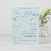 Boho Dusty Blue & Green Botanical Wedding Einladung (Stehend Vorderseite)