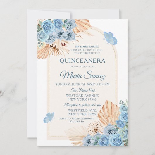 Boho Dusty Blue Mexican Girl Quinceañera Einladung (Vorderseite)