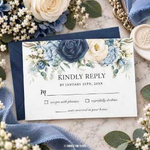 Boho Dusty Blue Navy Elfenbein Floral Sage Hochzei RSVP Karte