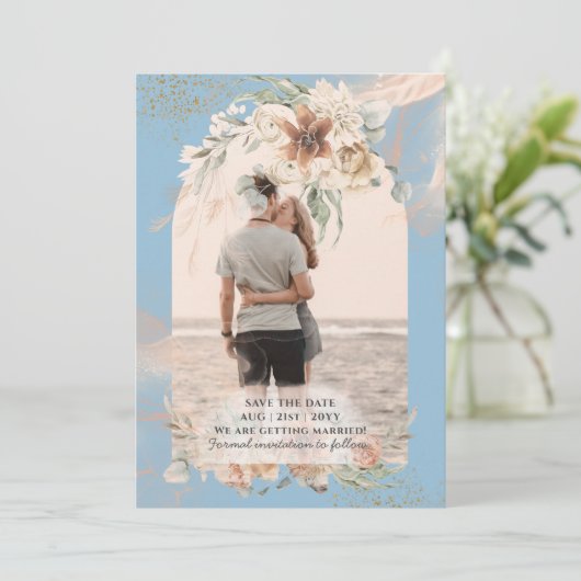BOHO Dusty Blue Pampas Grass Wedding Save The Date (Stehend Vorderseite)