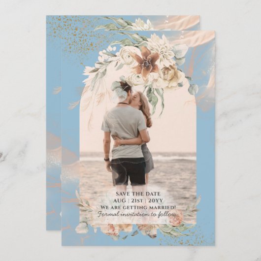 BOHO Dusty Blue Pampas Grass Wedding Save The Date (Vorne/Hinten)