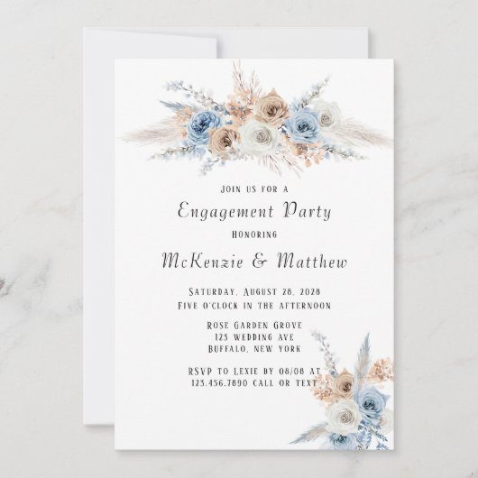 Boho Dusty Blue Pink Peony Engagement Party Einladung (Vorderseite)