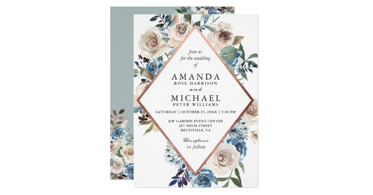 Boho Dusty Blue Rustic Floral Rose Gold Hochzeit Einladung ...