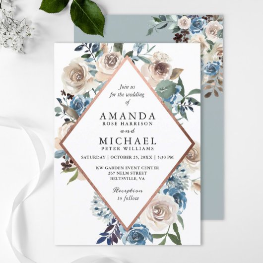 Boho Dusty Blue Rustic Rose Gold Wedding Einladung