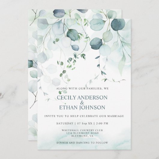 Boho Dusty Blue & Sage Green Eucalyptus Wedding Einladung (Vorne/Hinten)