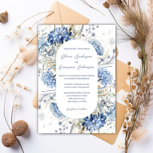 Boho Dusty Blue Sage Wildblumen QR Winter Wedding Einladung