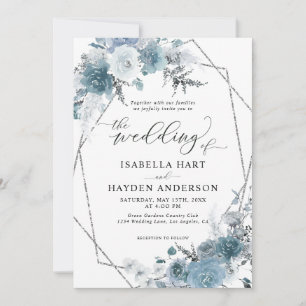 Boho Dusty Blue Schiefer Pastell Silberfolie Hochz Einladung