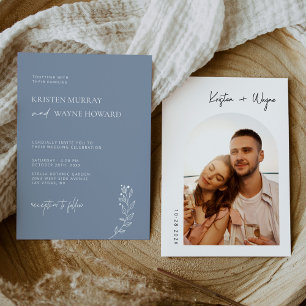 Boho Dusty Blue Simple Elegante Foto Wedding Einladung