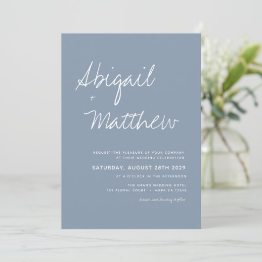Boho Dusty Blue Simple Handwriting Boho Wedding Einladung (Stehend Vorderseite)