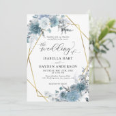 Boho Dusty Blue Slate Pastel Gold Foil Wedding Inv Einladung (Stehend Vorderseite)