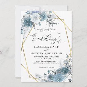 Boho Dusty Blue Slate Pastel Gold Foil Wedding Inv Einladung