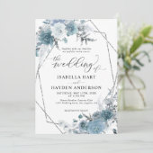 Boho Dusty Blue Slate Pastel Silver Foil Wedding Einladung (Stehend Vorderseite)