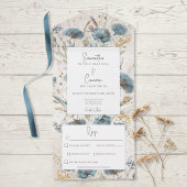 Boho Dusty Blue & Tan Floral Monogram Dinner All In One Einladung
