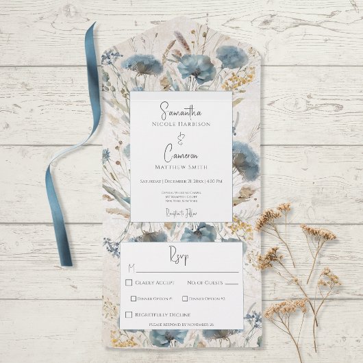 Boho Dusty Blue & Tan Floral Monogram Dinner All In One Einladung