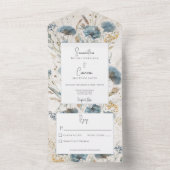 Boho Dusty Blue & Tan Floral Monogram No Dinner All In One Einladung (Innen Boden)