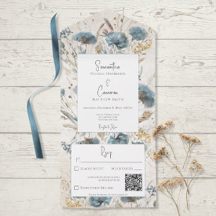 Boho Dusty Blue & Tan Floral Monogram QR Code All In One Einladung