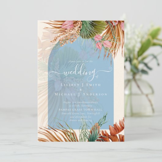 BOHO Dusty Blue Tropical Pampas Grass Wedding Einladung (Stehend Vorderseite)