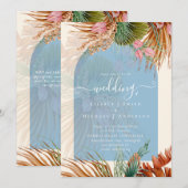 BOHO Dusty Blue Tropical Pampas Grass Wedding Einladung (Vorne/Hinten)