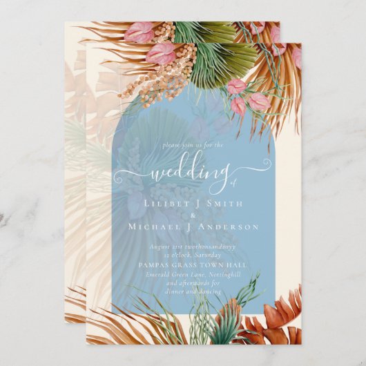 BOHO Dusty Blue Tropical Pampas Grass Wedding Einladung (Vorne/Hinten)