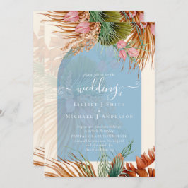 BOHO Dusty Blue Tropical Pampas Grass Wedding Einladung