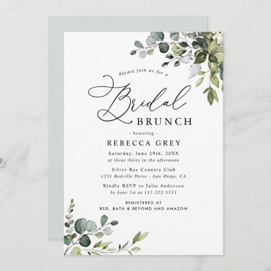 Boho Dusty Blue Watercolor Grüne Bridal Brunch Einladung (Vorne/Hinten)