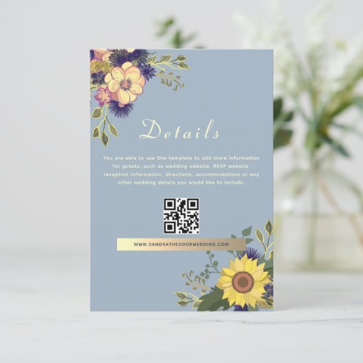 Boho Dusty Blue Wedding Details QR Code Begleitkarte (Stehend Vorderseite)