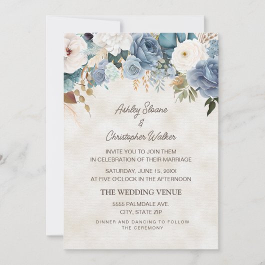 Boho Dusty Blue White Blume Cream Wedding Einladung (Vorderseite)