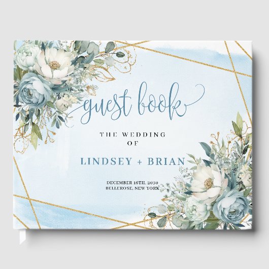 Boho Dusty Blue White Gold Blume Gästebuch (Vorderseite)