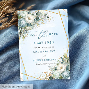 Boho Dusty Blue White Gold Blume Save the Date Einladung