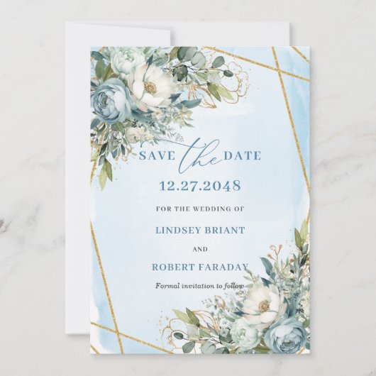 Boho Dusty Blue White Gold Blume Save the Date Einladung (Vorderseite)