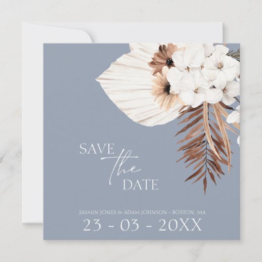 Boho Dusty Blue White Pampas Grass Wedding Save The Date (Vorderseite)