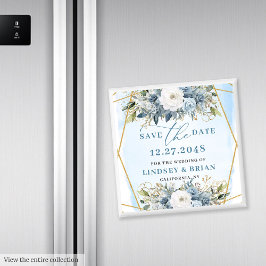 Boho Dusty Blue White Peony Floral Save the Date Magnet