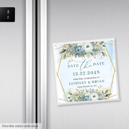 Boho Dusty Blue White Peony Floral Save the Date Magnet