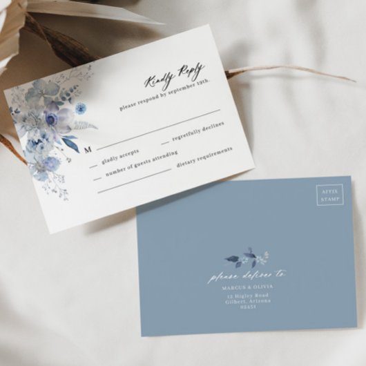 Boho Dusty Blue Wildblume Wedding RSVP Card Karte