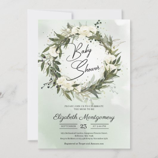 Boho Dusty Greenery Olive Wreath White Roses Einladung (Vorderseite)