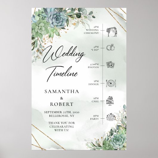 Boho Dusty grüne Succulents Gold Hochzeit Timeline Poster (Vorne)