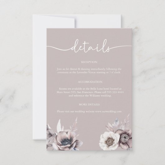 Boho Dusty Mauve Details Hochzeitskarte Einladung (Vorderseite)
