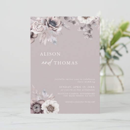 Boho Dusty Mauve QR Code 2 in 1 Wedding Einladung (Stehend Vorderseite)